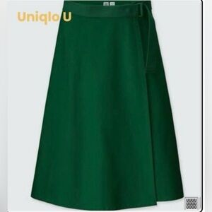 UNIQLO A-Line Wrap Skirt Forest Green Belted Snap Front opening, Sz 6